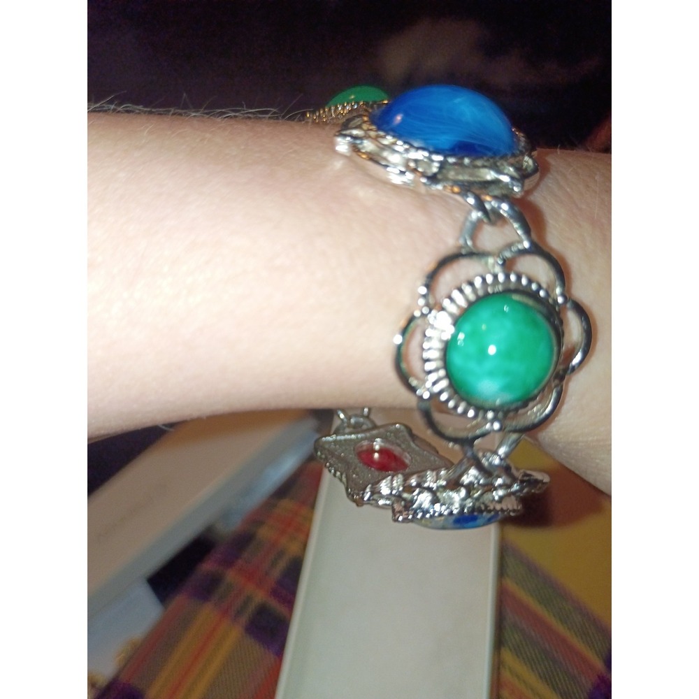 Vintage Sarah Coventry "Frolic" Bracelet Multicolored Cabochon Faux Stones - Picture 6 of 10